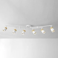 6-Light Matte White and Faux Wood Track Lighting with Double Center Swivel Bar and Pivoting Shades