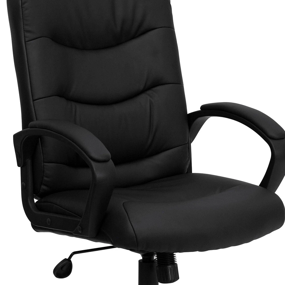 Chaise exécutive pivotante en cuir noir à dossier mi-hauteur avec dossier et appuis-bras à trois lignes de couture horizontale
