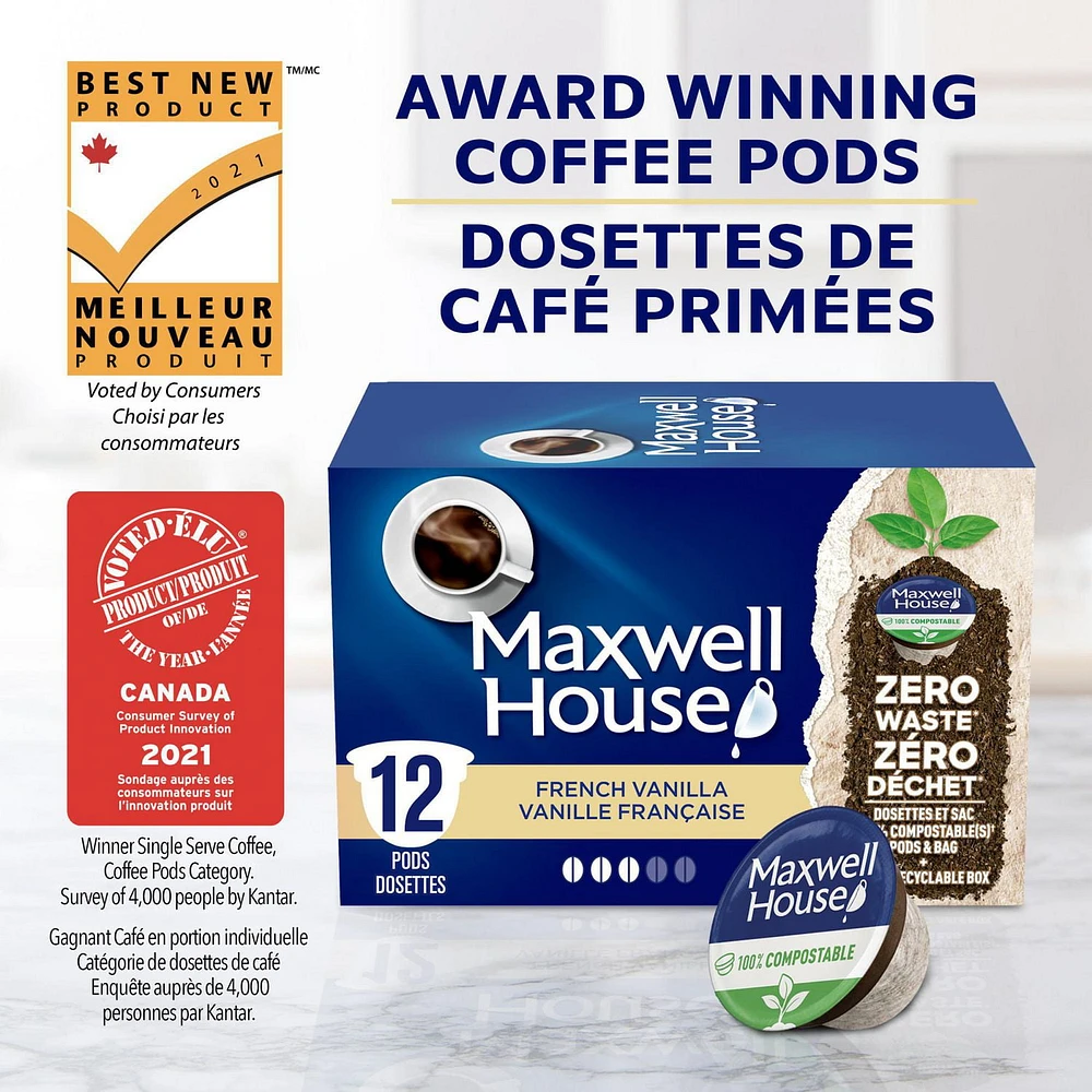 Maxwell House French Vanilla Coffee 100% Compostable Pods, 12 Pods, 108g