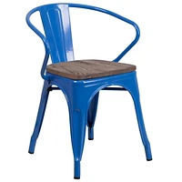 4 Pk. Blue Metal Chair with Wood Seat and Arms