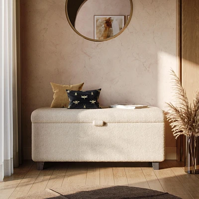 Pouf de rangement Corliving Liya Cream Boucle, banc de rangement moderne rembourré pour bout de lit, banc Sherpa crème, pour salon, entrée, chambre à coucher