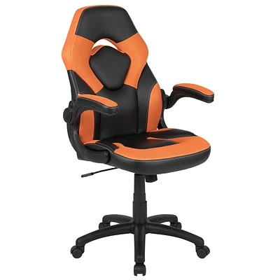 Fauteuil de jeu ergonomique de style course LeatherSoft à dossier haut,  avec appui-bras rabattables, orange / noir