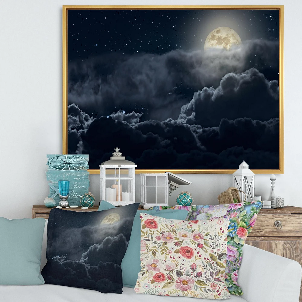 Designart Nuageux nuit de pleine lune ART MURAL À CADRE FLOTTÉ
