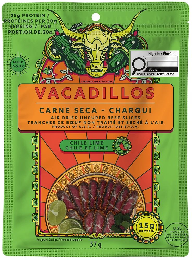 Vacadillos Carne Seca Chile Lime 57g, All natural, no sugar thinly sliced Air-Dried steak seasoned with various spices and flavors, including chiles and lime.