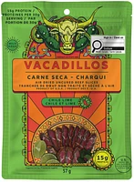 Vacadillos Carne Seca Chile Lime 57g, All natural, no sugar thinly sliced Air-Dried steak seasoned with various spices and flavors, including chiles and lime.