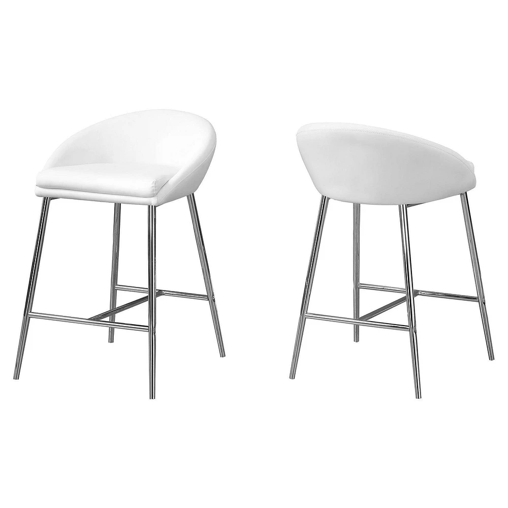 Monarch Specialties Tabouret De Bar, Lot De 2, Hauteur Du Comptoir, Cuisine, Métal, Pu D'aspect Cuir, Blanc, Chrome, Contemporain, Moderne