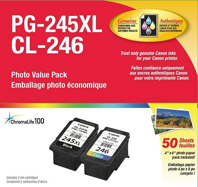 Canon PG-245XL and CL-246 50 Sheet Photo Paper Value Pack, 8278B024 Pack