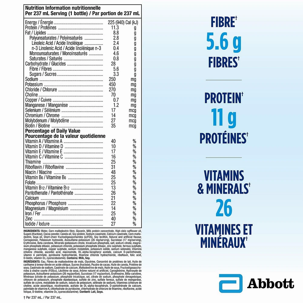 Boisson nutritive Glucerna, Substitut de repas, Alimentation complète et équilibrée pour les personnes diabétiques, Chocolat, 6 x 237 mL Alimentation complète et équilibrée