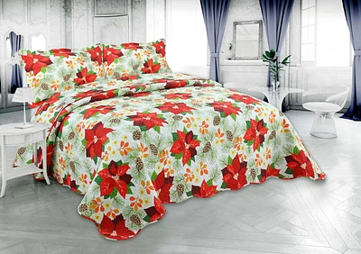 Marina Decoration Couvre-lit Pinsonic imprimé en relief ultra doux pour l'été, ensemble de courtepointe de Noël avec taies d'oreiller, motif de base blanc à motif de poinsettia rouge