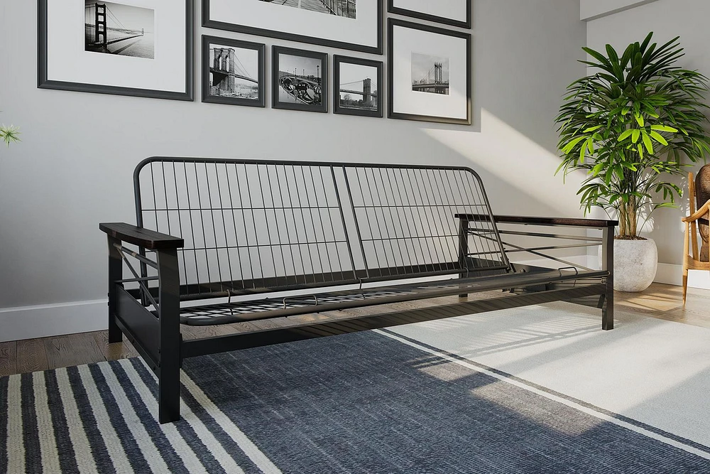 Cadre de futon en métal Nadine de DHP avec accoudoirs en bois espresso - matelas deux places vendu séparément