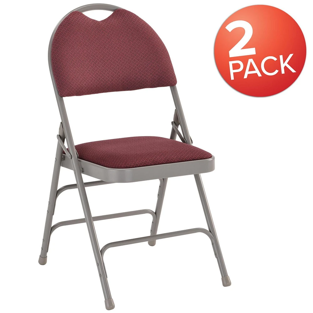 2 Pk. HERCULES Series Ultra-Premium Triple Braced Burgundy Fabric Metal Folding Chair with Easy-Carry Handle