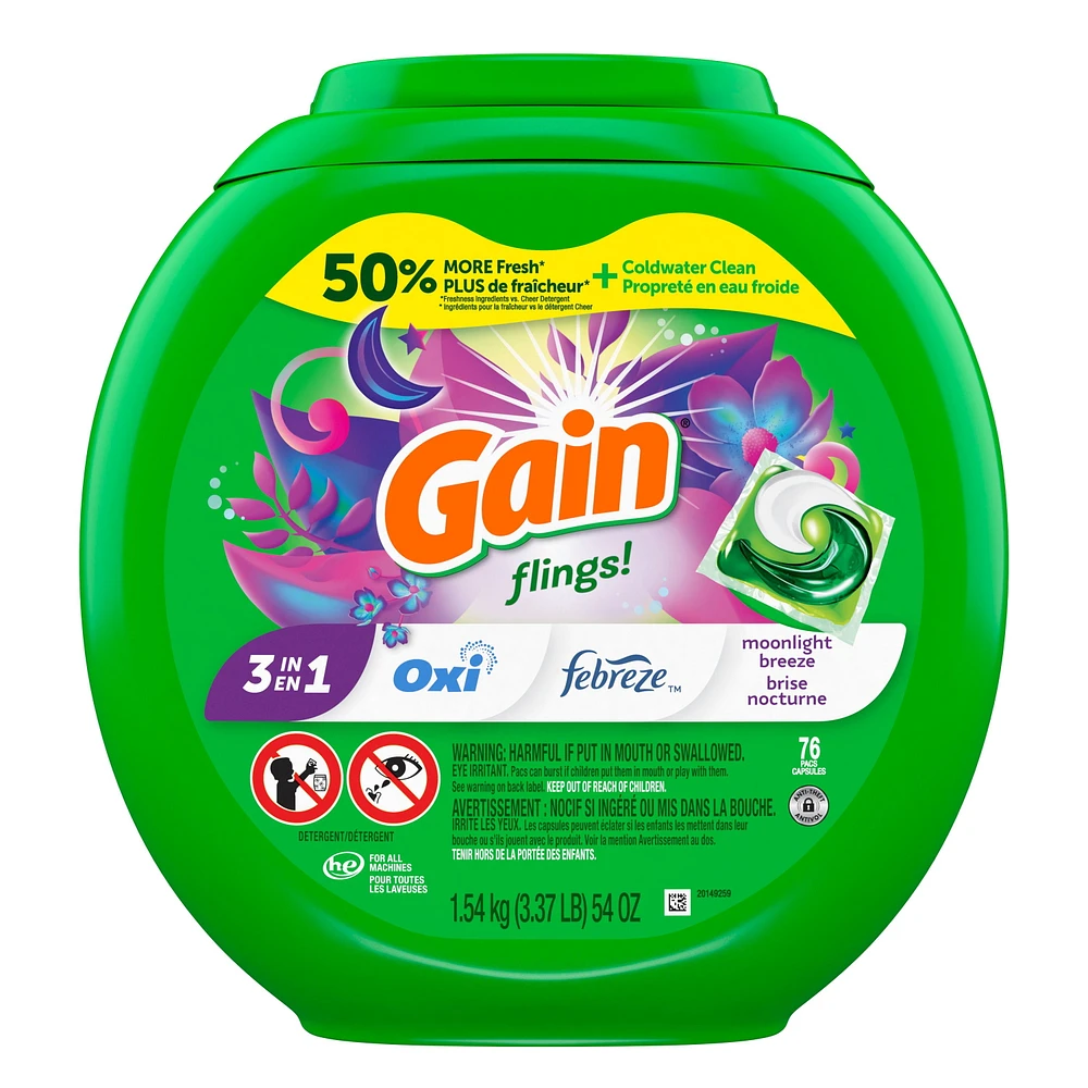 Capsules de détergent à lessive Gain Flings, capsules de détergent HE 3 en 1 avec Oxi Boost et Febreeze, parfum Brise nocturne 76CT