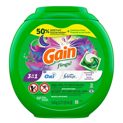 Capsules de détergent à lessive Gain Flings, capsules de détergent HE 3 en 1 avec Oxi Boost et Febreeze, parfum Brise nocturne 76CT