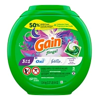 Capsules de détergent à lessive Gain Flings, capsules de détergent HE 3 en 1 avec Oxi Boost et Febreeze, parfum Brise nocturne 76CT