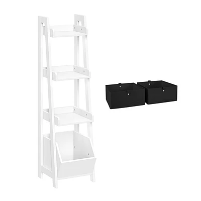 Kids 4-Tier 13in Ladder Shelf with Toy Organizer and 2pc Black Bins