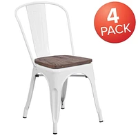 4 Pk. White Metal Stackable Chair with Wood Seat