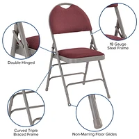 2 Pk. HERCULES Series Ultra-Premium Triple Braced Burgundy Fabric Metal Folding Chair with Easy-Carry Handle