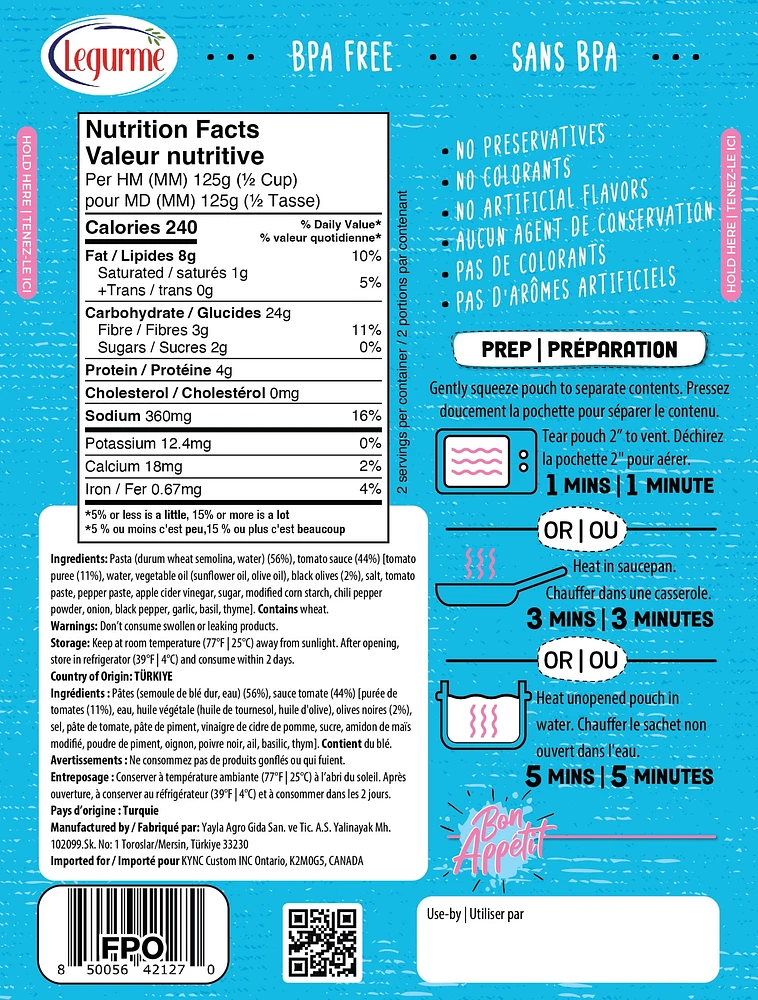 Legurme Pasta Arrabbiata 250 gr, Legurme Pasta Arrabbiata