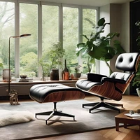 Nicer Furniture Ensemble chaise longue et pouf classique moderne en cuir véritable noir/coque en palissandre