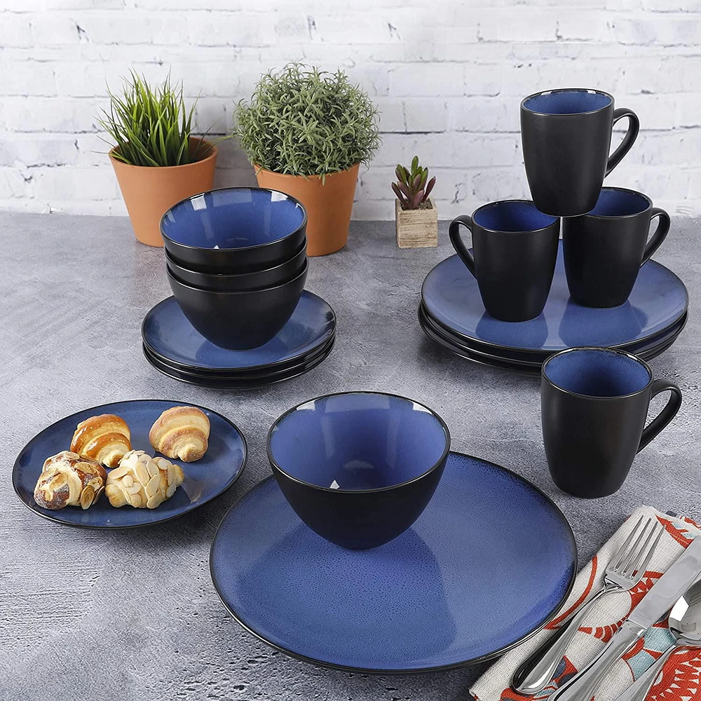 Gibson Home – Vaisselle en grès Soho Round, 16 pièces, bleu et noir