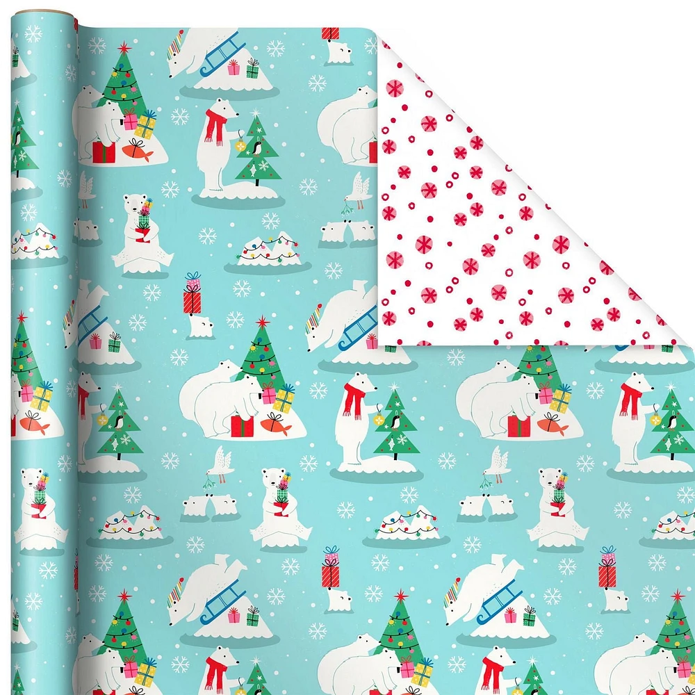 Papier d'emballage Hallmark réversible de Noël pour enfants, motif tendance (3 rouleaux : 120 pieds carrés au total) dinosaures, koalas, ours polaires, pingouins, chameaux, zèbres, rayures