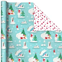 Papier d'emballage Hallmark réversible de Noël pour enfants, motif tendance (3 rouleaux : 120 pieds carrés au total) dinosaures, koalas, ours polaires, pingouins, chameaux, zèbres, rayures