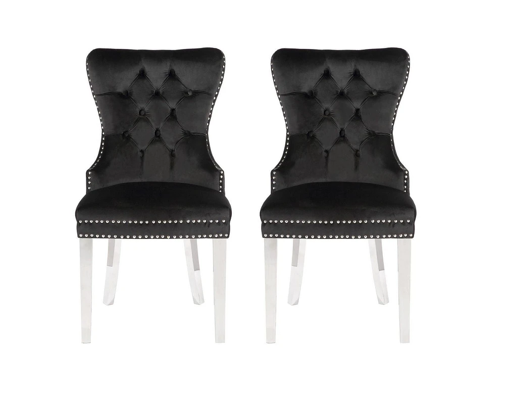 Chaise Marlon en noir, garniture à ongles et chaise de salle à manger à la touffe, chaise à manger en velours, chaise à manger avec pieds en acier inoxydable pour la cuisine et le salon - Ensemble 2