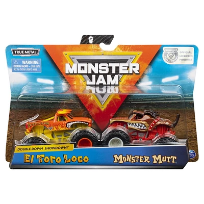 Monster Jam, Coffret de 2 véhicules authentiques El Toro Loco vs Monster Mutt, Monster trucks en métal moulé à l'échelle 1:64