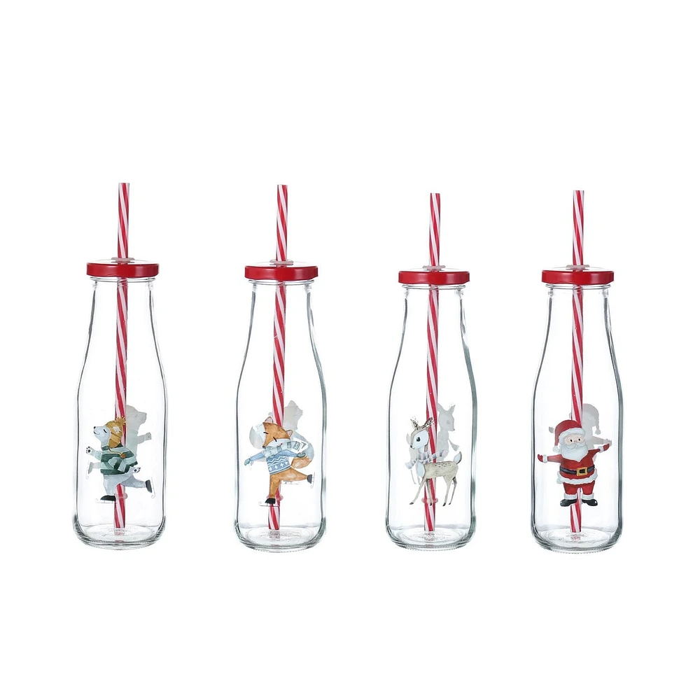 HOLIDAY TIME 14.88 oz Glass Bottle with red lid & straw<br>XMAS DESIGN PATTERN - SANTA