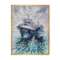 Designart Deux bateaux de pêche avant une tempête ancrés ART MURAL À CADRE FLOTTÉ