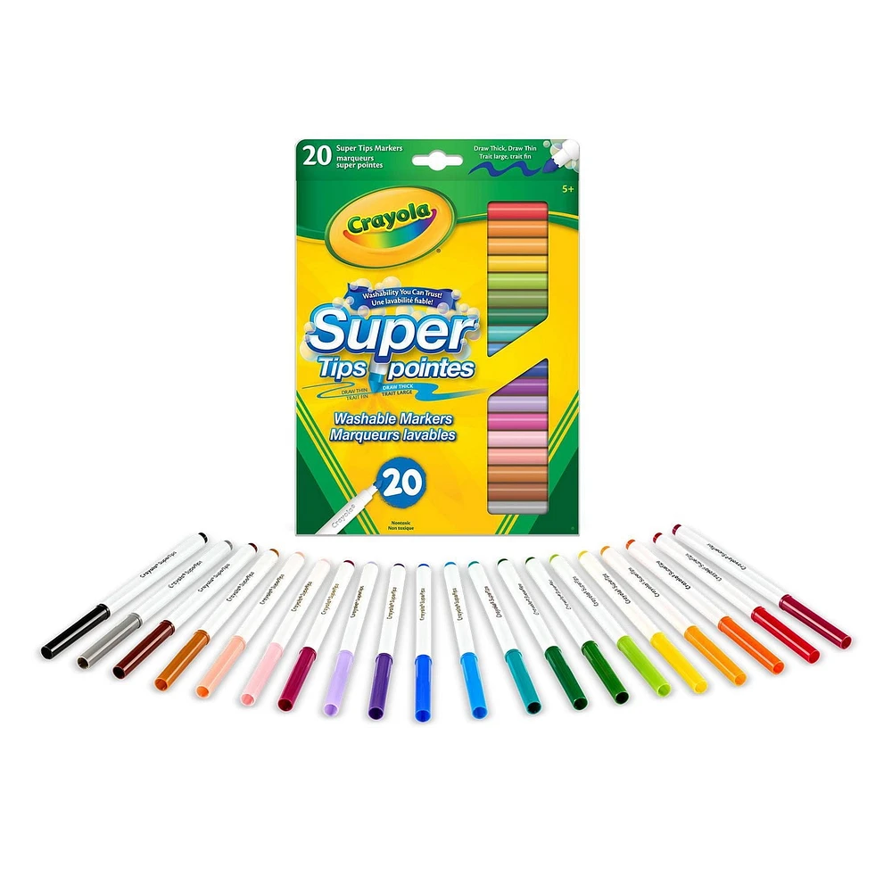 Marqueurs Super pointes lavables, 20 ct Paquet de 20 marqueurs lavables avec de super pointes de Crayola. Des marqueurs offre une application de couleur impeccable, qui couvre parfaitement..