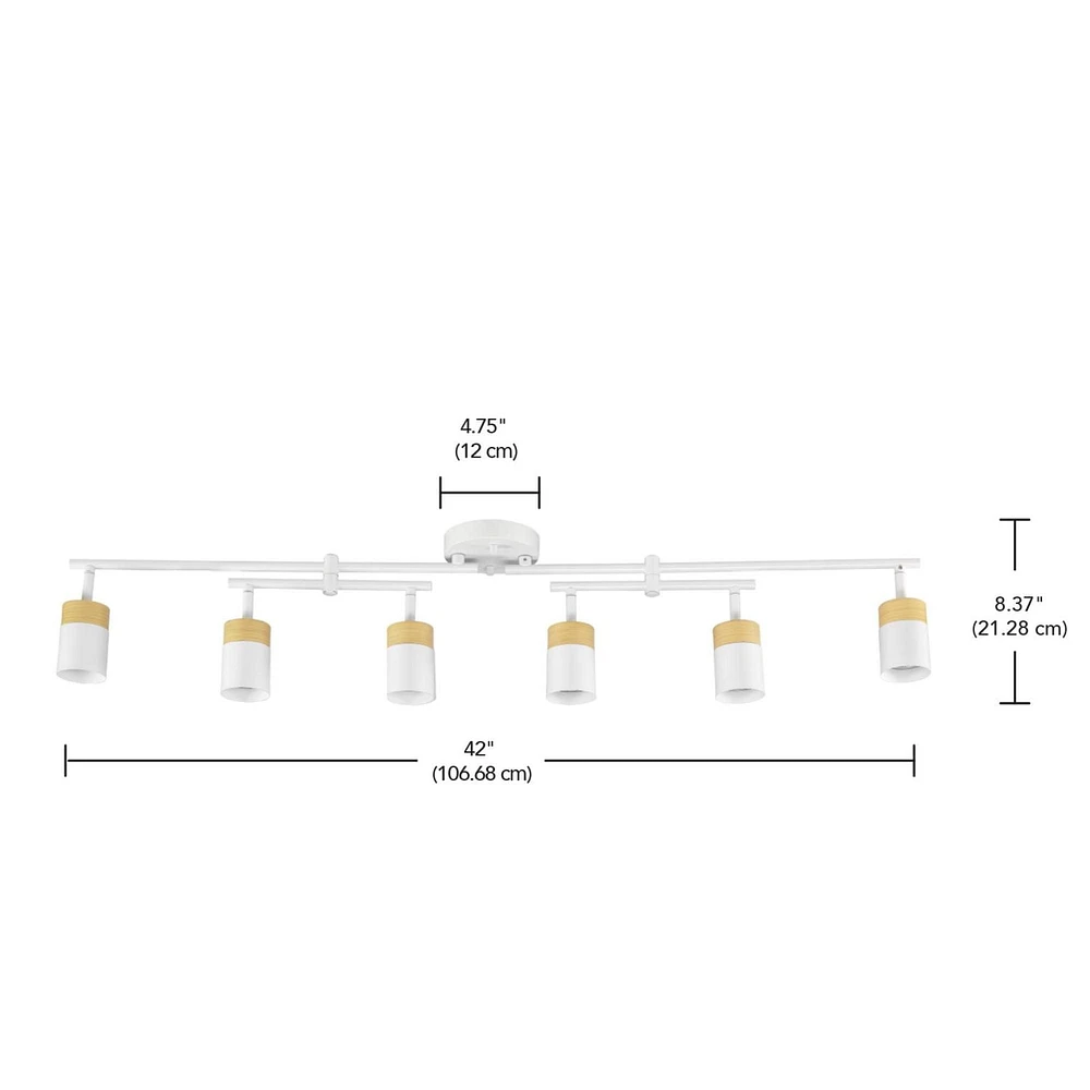 6-Light Matte White and Faux Wood Track Lighting with Double Center Swivel Bar and Pivoting Shades