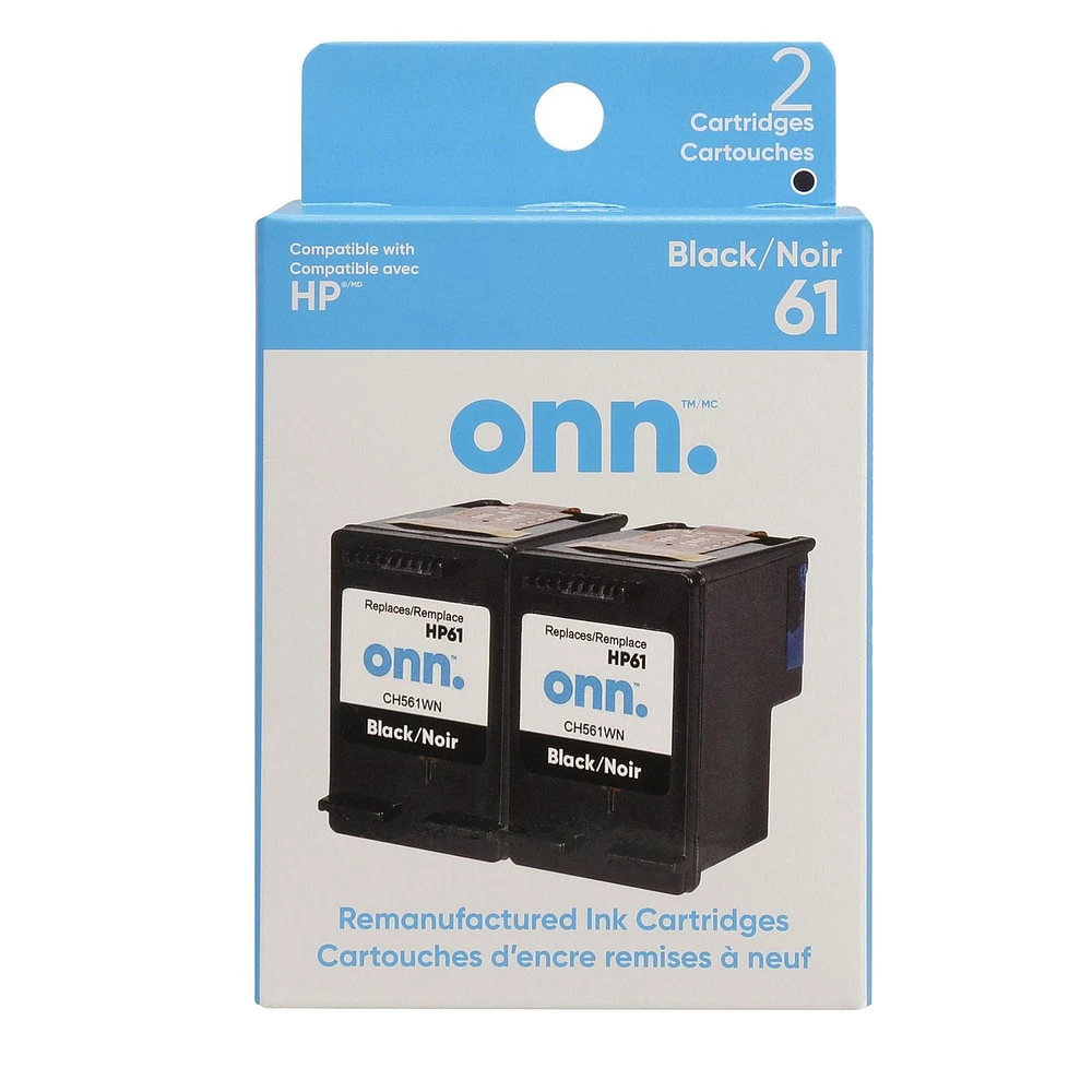 onn. Remanufactured HP 61 Black Ink Cartridge, Twin Pack, (360229725), Black