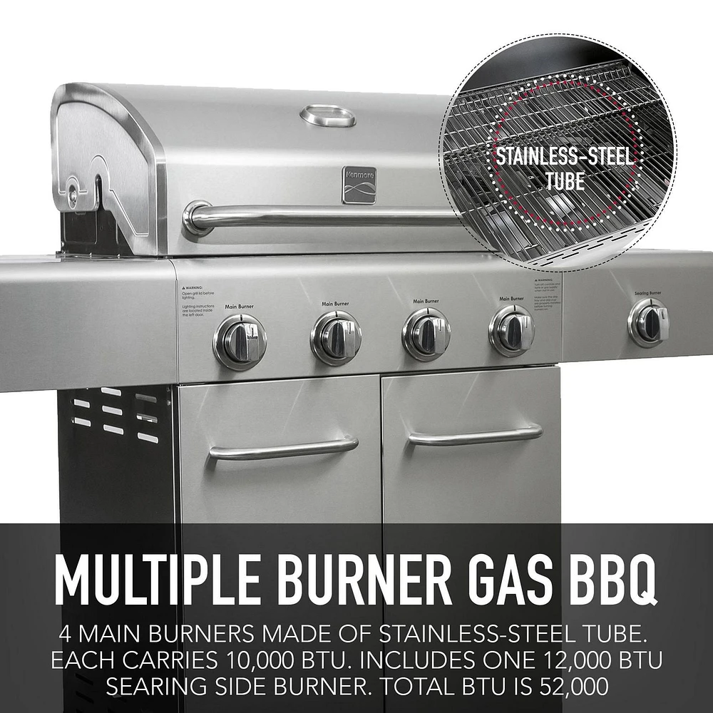 Kenmore - Gril à gaz à 4 brûleurs et brûleur latéral SEARING - Tout en acier inoxydable