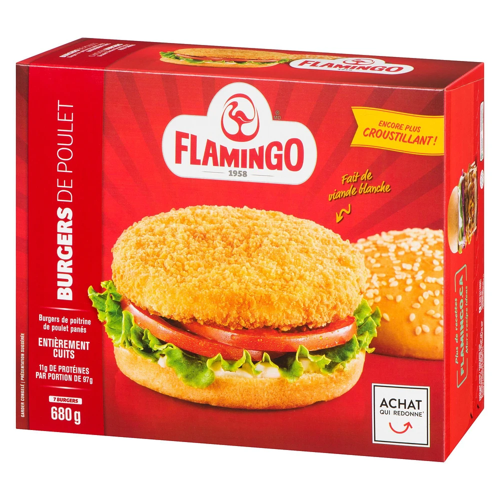 Chicken Breast Burgers Breaded and fully cooked, Flamingo, Chicken Breast Burgers Breaded and fully cooked,  680 g 11g meat protein