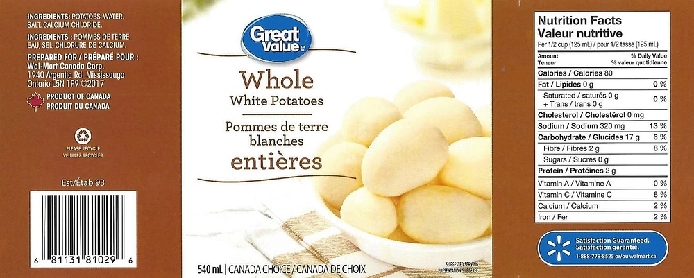 Great Value Whole White Potatoes, 540 mL Whole Potatoes