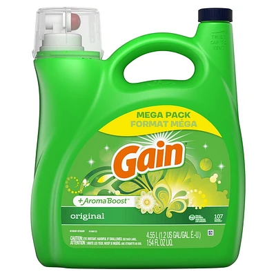 Détergent à lessive liquide Gain avec Aroma Boost, parfum Original, compatible avec les laveuses HE, 107 brassées, 4,55 L (154 oz liq.)