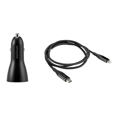 blackweb ™ Fast Charge Lightning to USC-C Power Delivery Dual Port Car Charger (Black), Charge 2 devices at once