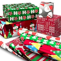 Papier d'emballage réversible – Hallmark (Pères Noël, joyeux messages, bonbons, pois, bonshommes de neige, rayures)