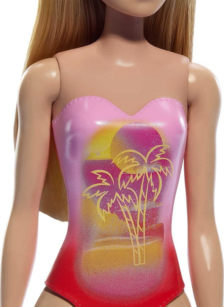 Barbie Poupée Plage Cheveux blonds, maillot rose à imprimé palmiers Âges 3+