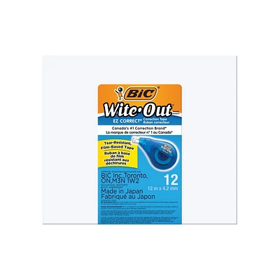 BIC Wite-Out Brand EZ Correct Correction Tape, 12 Metres, 12-Count Pack of White Correction Tape, Fast, Clean and Easy to Use Tear-Resistant Tape Office or School Supplies