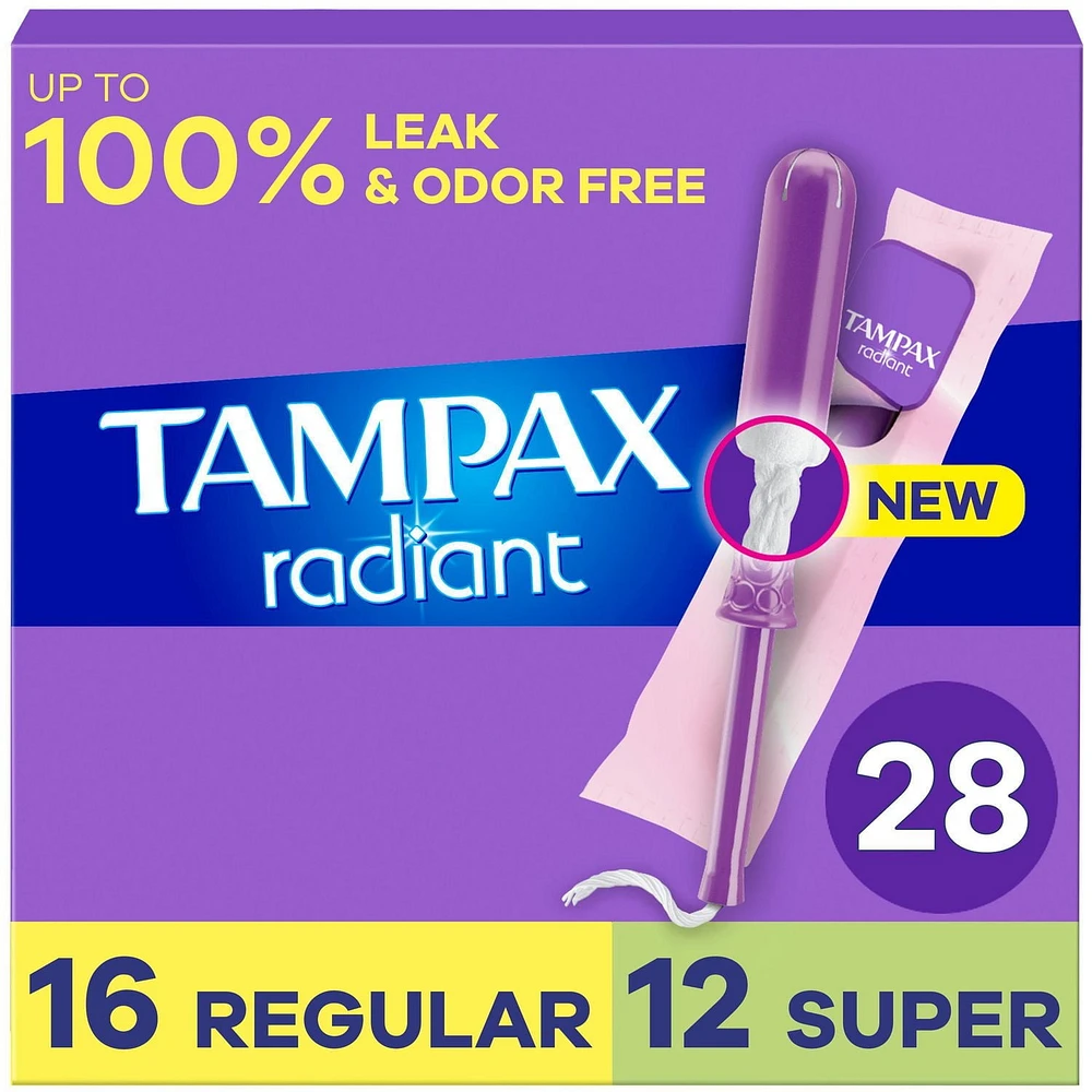 Tampax Radiant Tampons Multipack, with LeakGuard Braid, Regular/Super Absorbency, Unscented, 28CT