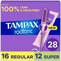 Tampax Radiant Tampons Multipack, with LeakGuard Braid, Regular/Super Absorbency, Unscented, 28CT