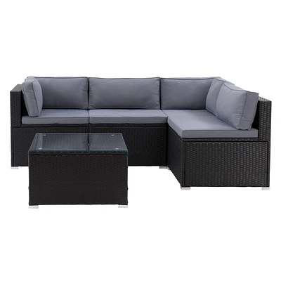 CorLiving Parksville Ensemble sectionnel de patio 5 pièces en résine tressée, rotin et acier galvanisé avec coussins et table basse, sièges d'extérieur extensibles