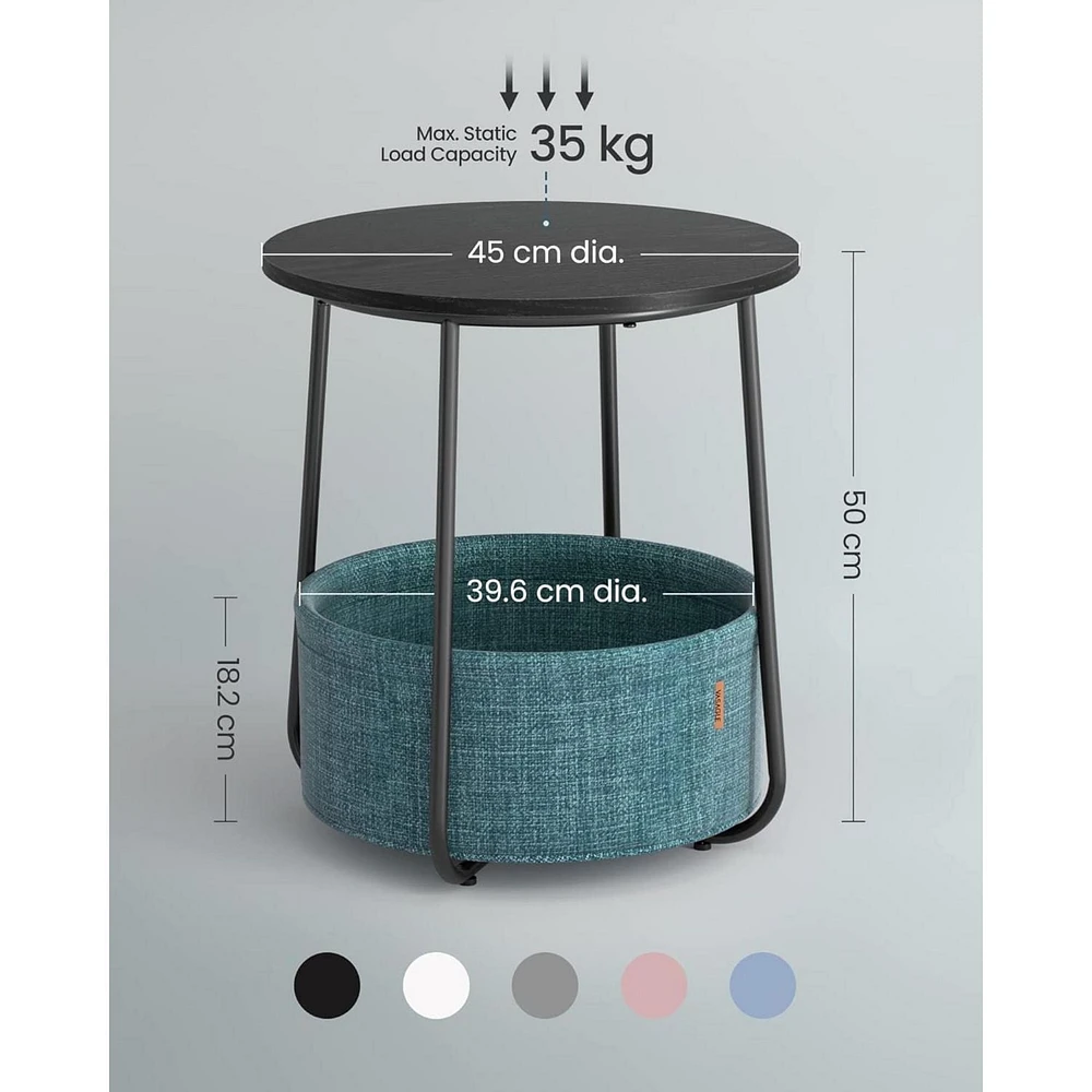 Boutique Home Round End Table with Fabric Basket Ideal for Den or Bedroom - Black Wood Design and Dark Turquoise