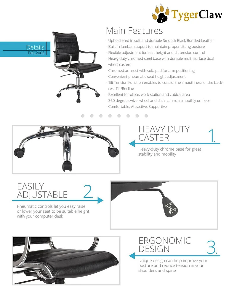 Chaise de bureau TygerClaw en cuir reconstitué à dossier moyen