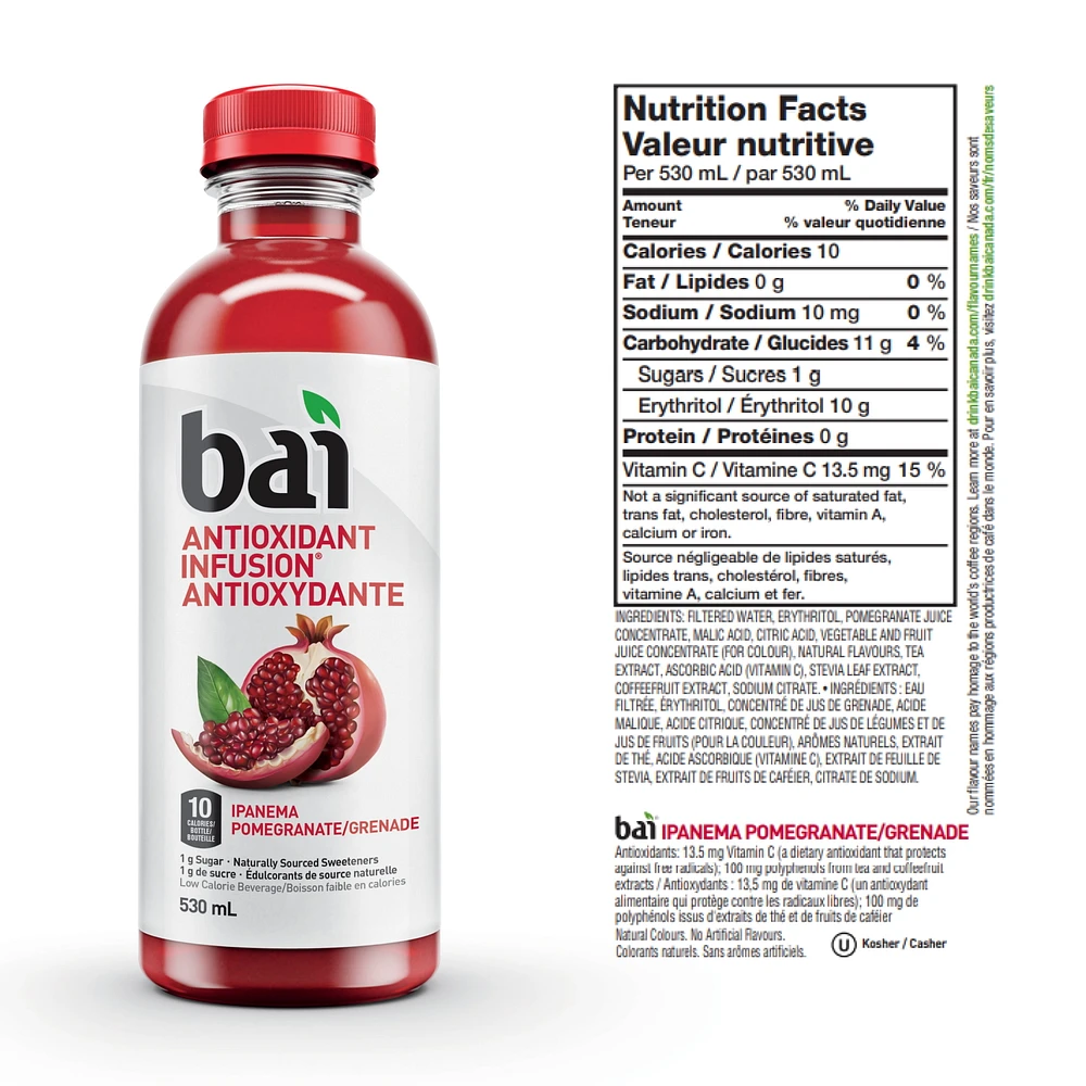 Bai Antioxidant Infusion Low Calorie Beverage, Ipanema Pomegranate, 530mL, 530 mL