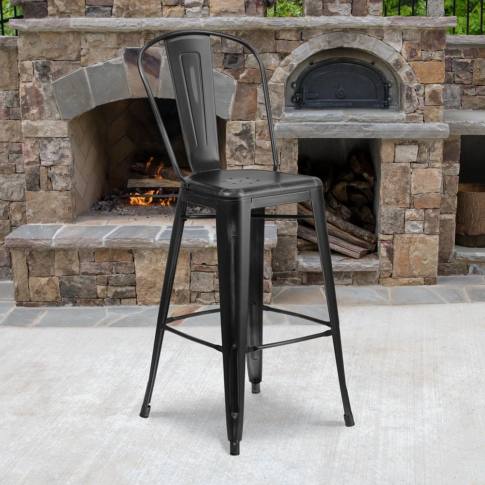 Tabouret de bar en métal vieilli noir de 30 pouces de hauteur pour l'intérieur et l'extérieur avec dossier