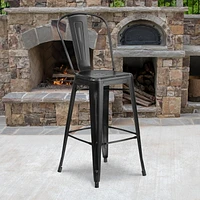 Tabouret de bar en métal vieilli noir de 30 pouces de hauteur pour l'intérieur et l'extérieur avec dossier