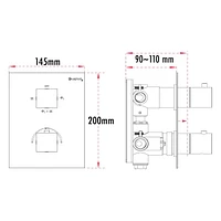 Valve thermostatique carrée avec déviateur à 4 voies d'Akuaplus®. 2 douchettes magnétiques à 3 réglages avec bouton poussoir et pommeau de douche pivotable. Fini noir mat